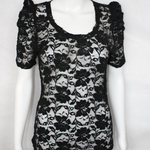 Twenty One Women's Top Lace 1/2 Sleeve Round Neck Black Medium - Picture 1 of 7